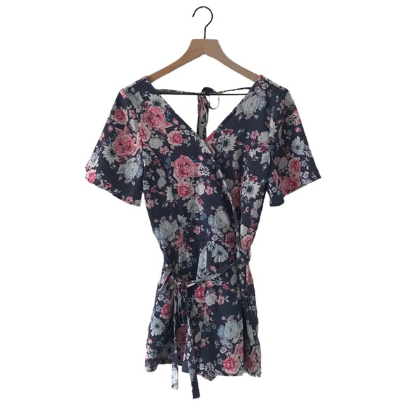 Hot Kiss Pants - Hot Kiss Blue Pink Floral Surplice Tie Back Romper - Size Medium